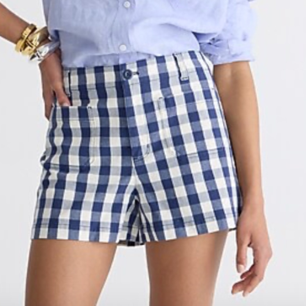 J. Crew patch-pocket Chino Short in Navy + White Gingham-Size 0